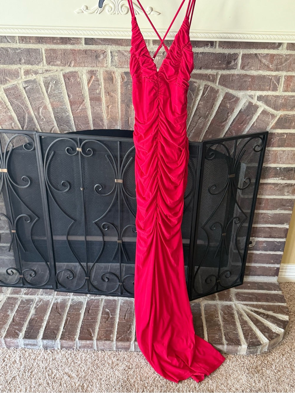 Red Ruched V-Neck Evening Gown